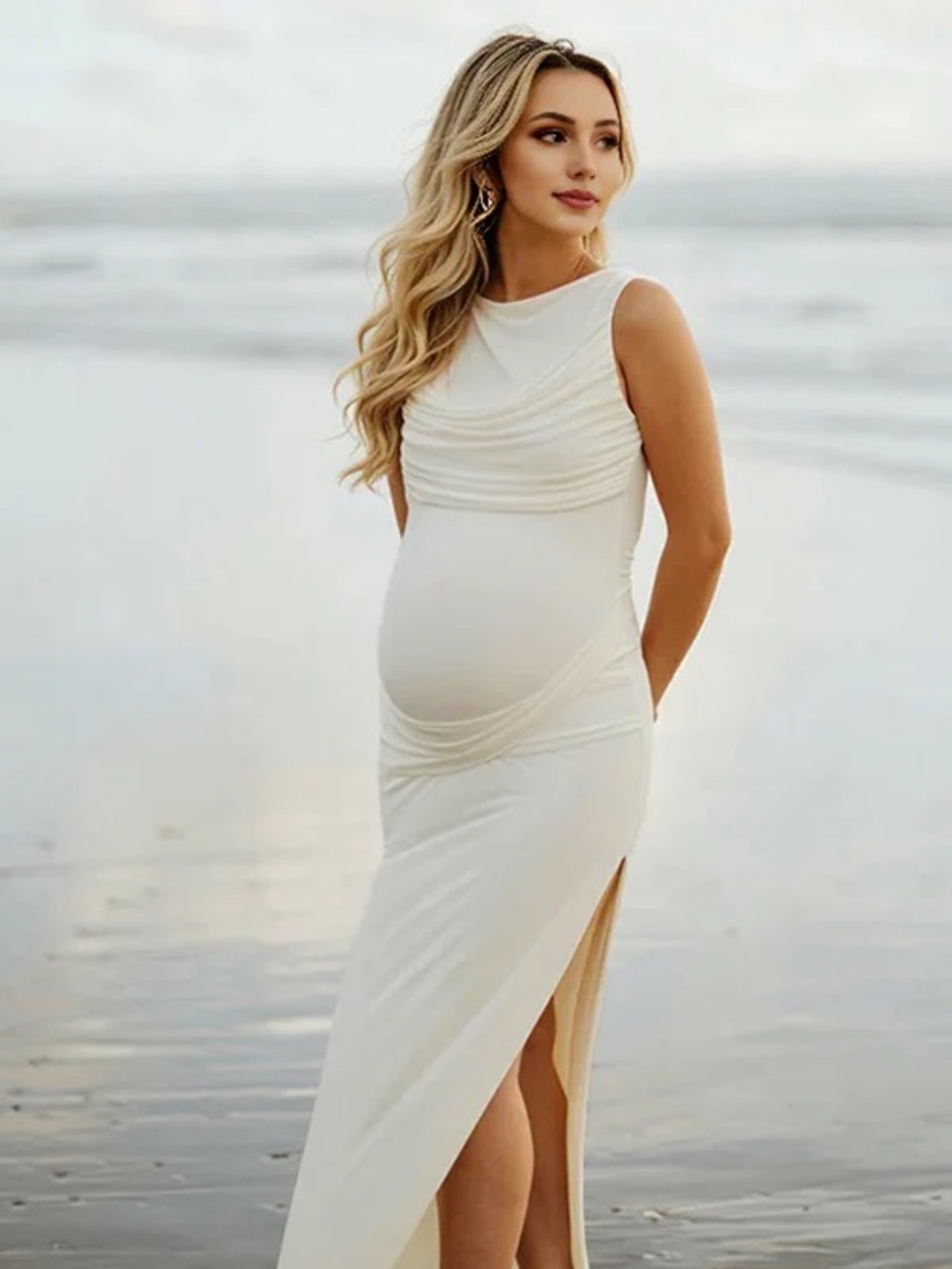 Elegant Cream Maternity Ruched Tank Dress